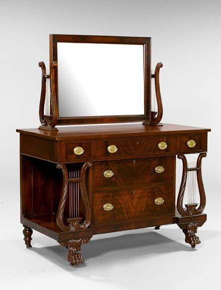 American Classical-Style Mahogany Dresser: American Classical-Style Mahogany Dresser, in the manner of Duncan Phyfe, New York, late 19th century, the rectangular mirror supported by acanthus-carved lyres and mounted to the dresser top, with a