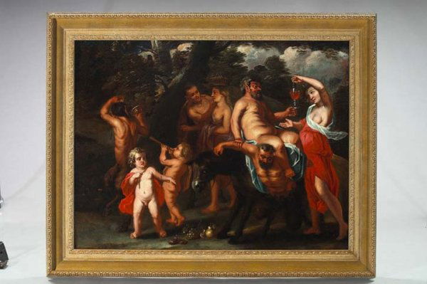 Attr to Jan Thomas Van Ypren "Drunken Silenius": Attributed to Jan Thomas Van Ypren (Flemish, 1617-1678) "The Drunken Silenius", oil on relined canvas, 35" x 45-1/2", unsigned, presented in a 20th-century cyma-molded gilt frame with a foliated scrol