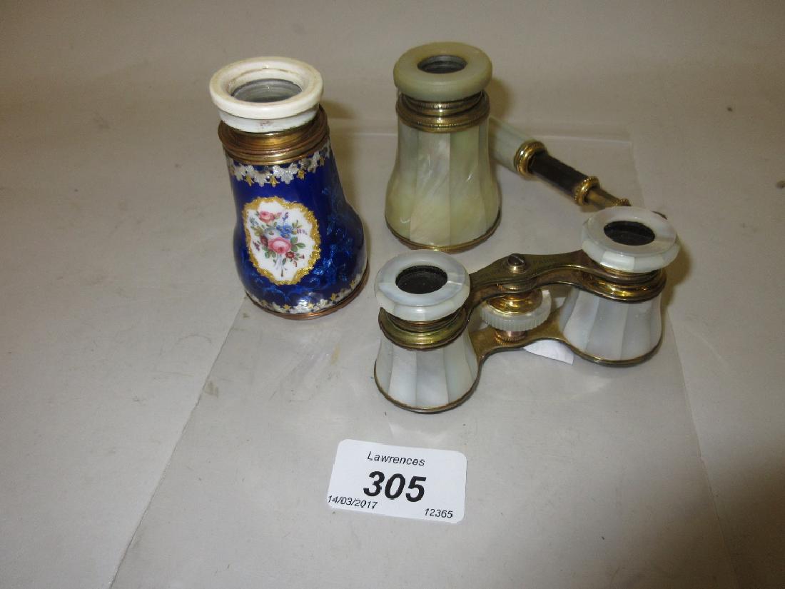19th Century French blue enamel and floral decorated: 19th Century French blue enamel and floral decorated gilt metal monocular (a/f), similar mother of pearl mounted gilt metal monocular and a pair of French mother of pearl gilt metal opera glasses with