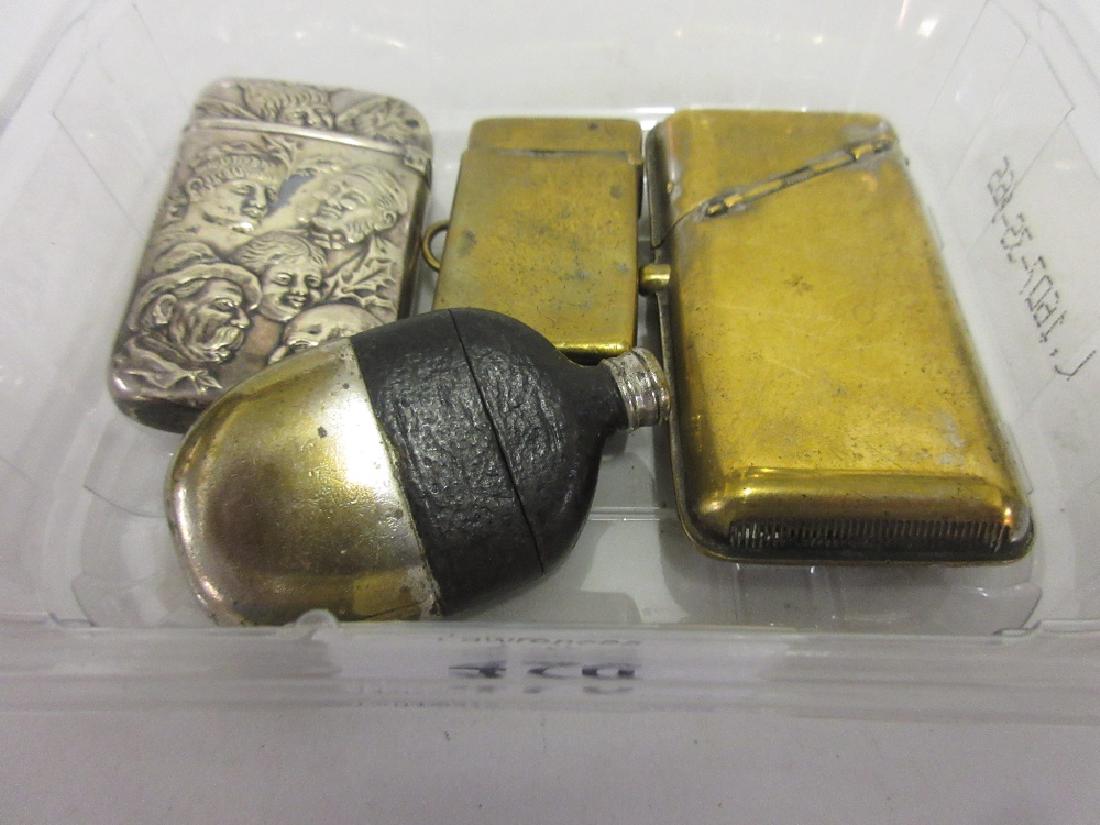 Four various match cases including a suitcase and hip: Four various match cases including a suitcase and hip flask