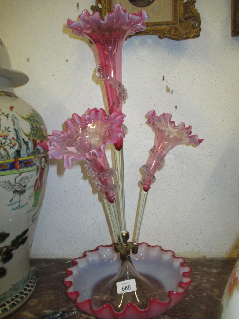 Victorian pink and Vaseline glass four stem epergne: Victorian pink and Vaseline glass four stem epergne (damages)