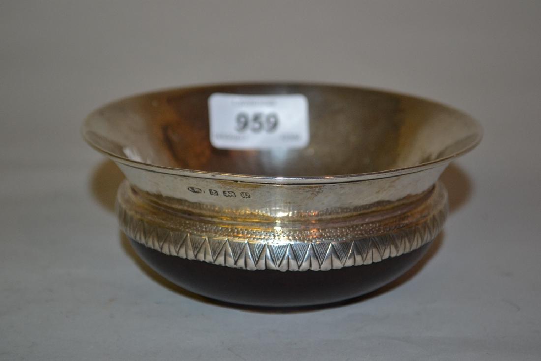 A.E. Jones, Arts and Crafts circular hand beaten bowl: A.E. Jones, Arts and Crafts circular hand beaten bowl with wooden base, Birmingham 1918 / 1919