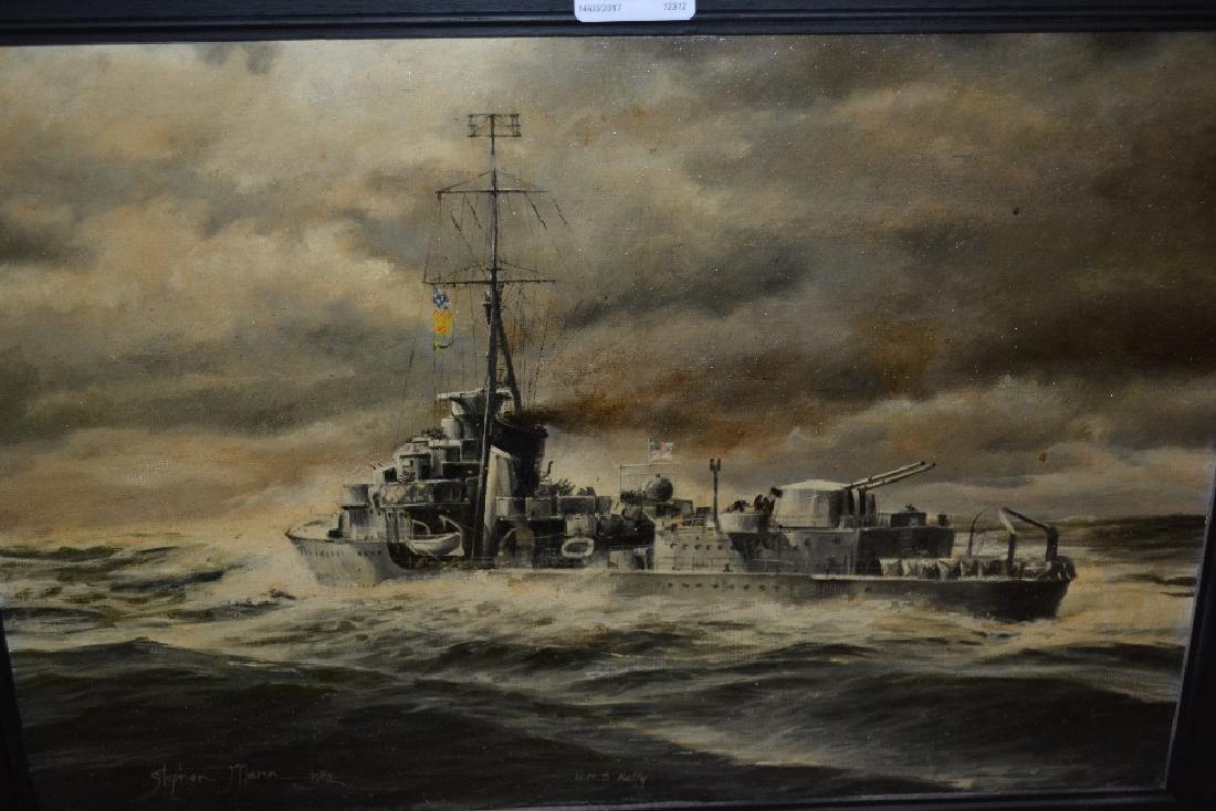 Stephen Mann, 20th Century oil on board of the H.M.S.: Stephen Mann, 20th Century oil on board of the H.M.S. Kelly, framed, 13ins x 16ins, signed