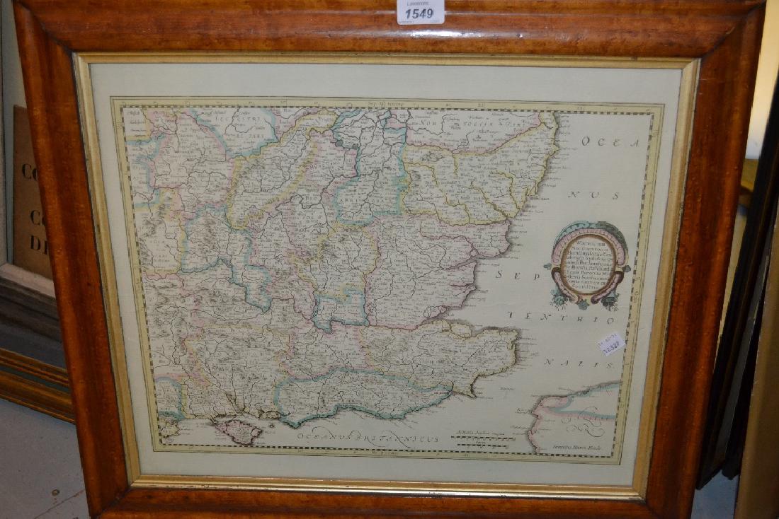 Maple and gilt framed coloured map of South East: Maple and gilt framed coloured map of South East England, together with two moulded picture frames