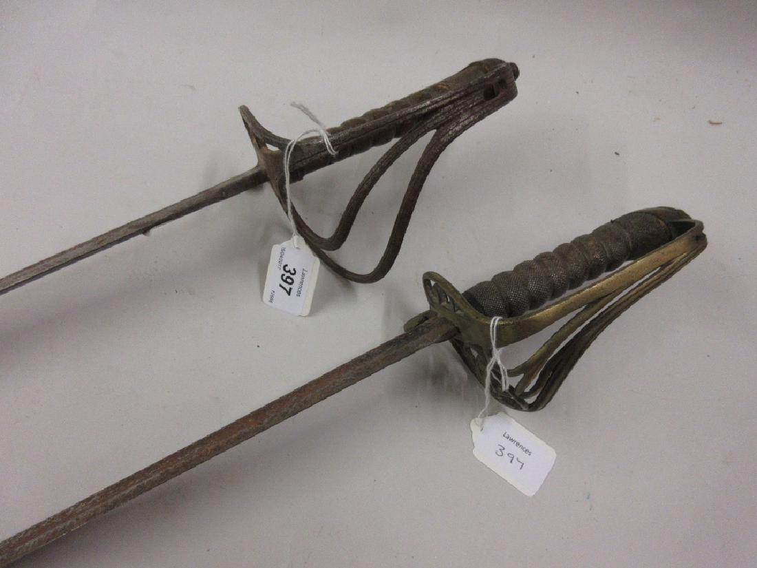 Victorian sword with curved single fuller blade and: Victorian sword with curved single fuller blade and shagreen grip (a/f), lacking scabbard together with another similar officer's sword, lacking grip (a/f)