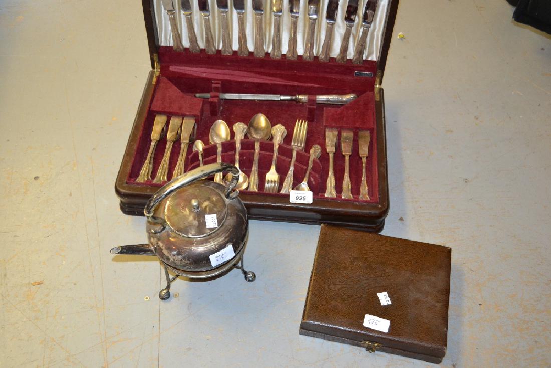 Mahogany cased canteen of silver plated cutlery, plated: Mahogany cased canteen of silver plated cutlery, plated spirit kettle on stand and a cased set of fish knives and forks