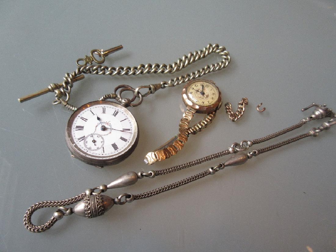 Ladies gold cased wristwatch with later strap, 9ct gold: Ladies gold cased wristwatch with later strap, 9ct gold watch chain (a/f), two silver watch chains and a silver engraved fob watch