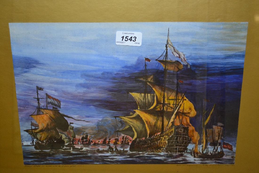 Watercolour, after an engraving, Robert Blake in battle: Watercolour, after an engraving, Robert Blake in battle with the Dutch fleet, signed Drew, 1987, 9.5ins x 13.5ins, framed, together with a Terence Cuneo coloured print, ' The Lickey Incline '