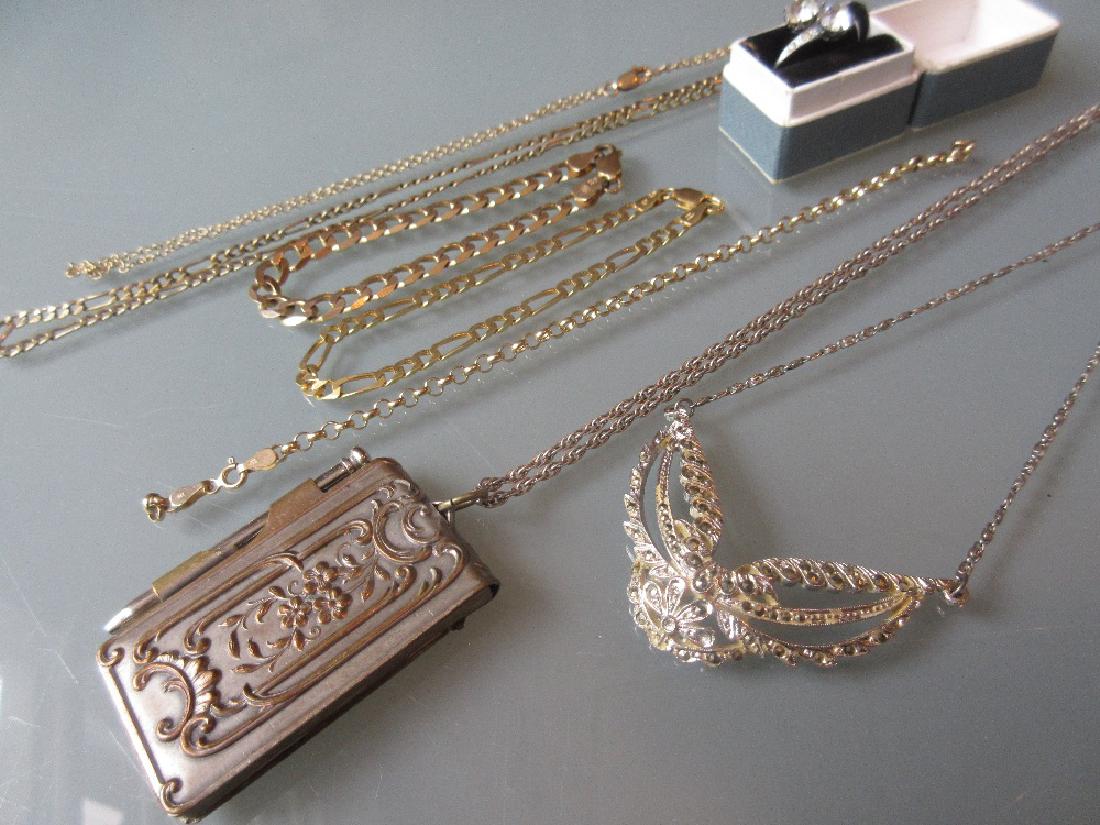 Two 9ct gold chain link bracelets, similar neck chain,: Two 9ct gold chain link bracelets, similar neck chain, another necklace and bracelet (a/f), plated notepad, necklace and a ring
