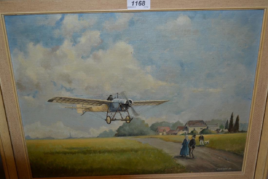 John Eggs, oil on board, entitled ' Pioneer Spirit ', a: John Eggs, oil on board, entitled ' Pioneer Spirit ', a Blackburn monoplane flying over a village, signed and dated '85, Guild of Aviation Artists label verso, 14ins x 18ins