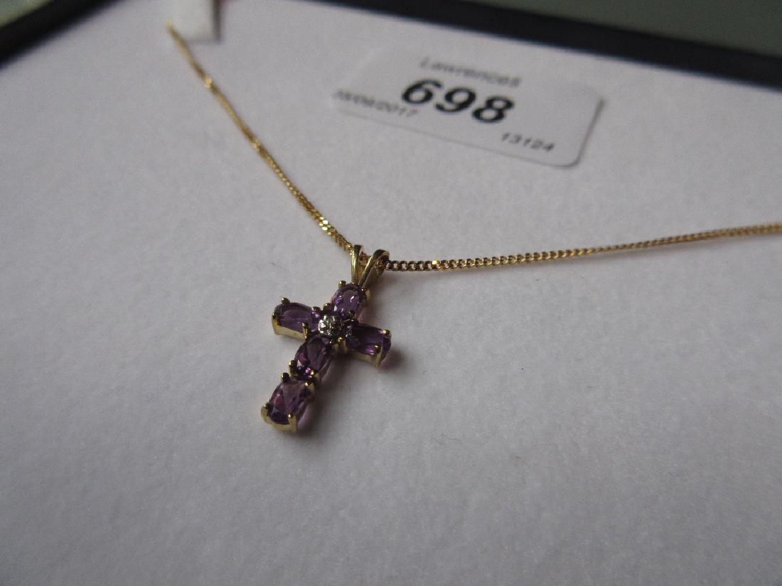 9ct Gold amethyst and diamond set pendant cross on a (1 of 1)
