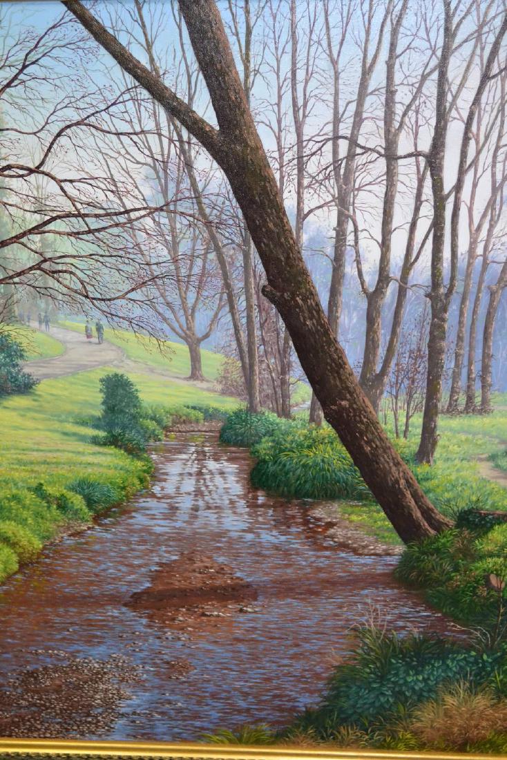 Paolo Francis, 20th Century oil on canvas, tree lined: Paolo Francis, 20th Century oil on canvas, tree lined river scene with figures on a path, signed, 30ins x 24ins, gilt framed, together with two oil on canvas, still life studies