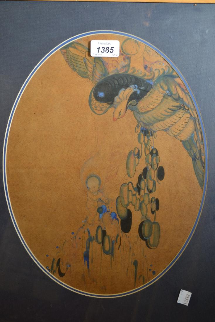 Attributed to Katie Blackmore, group of three oval: Attributed to Katie Blackmore, group of three oval mounted illustrations of birds and children, unsigned, oak framed