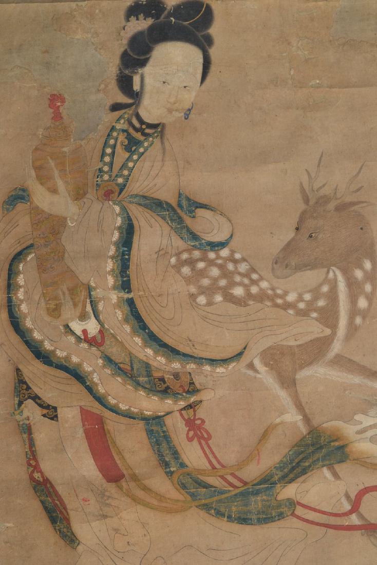 Ku Lo, retired scholar of the Western Plum (Hsi Mei Chi: Ku Lo, retired scholar of the Western Plum (Hsi Mei Chi Chih), 1762 - 1837, a watercolour scroll painting of a female figure with a deer, signed, the image 40ins x 21ins