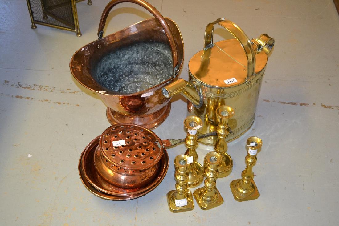 Brass watering can, copper coal scuttle, sieve, copper (1 of 1)