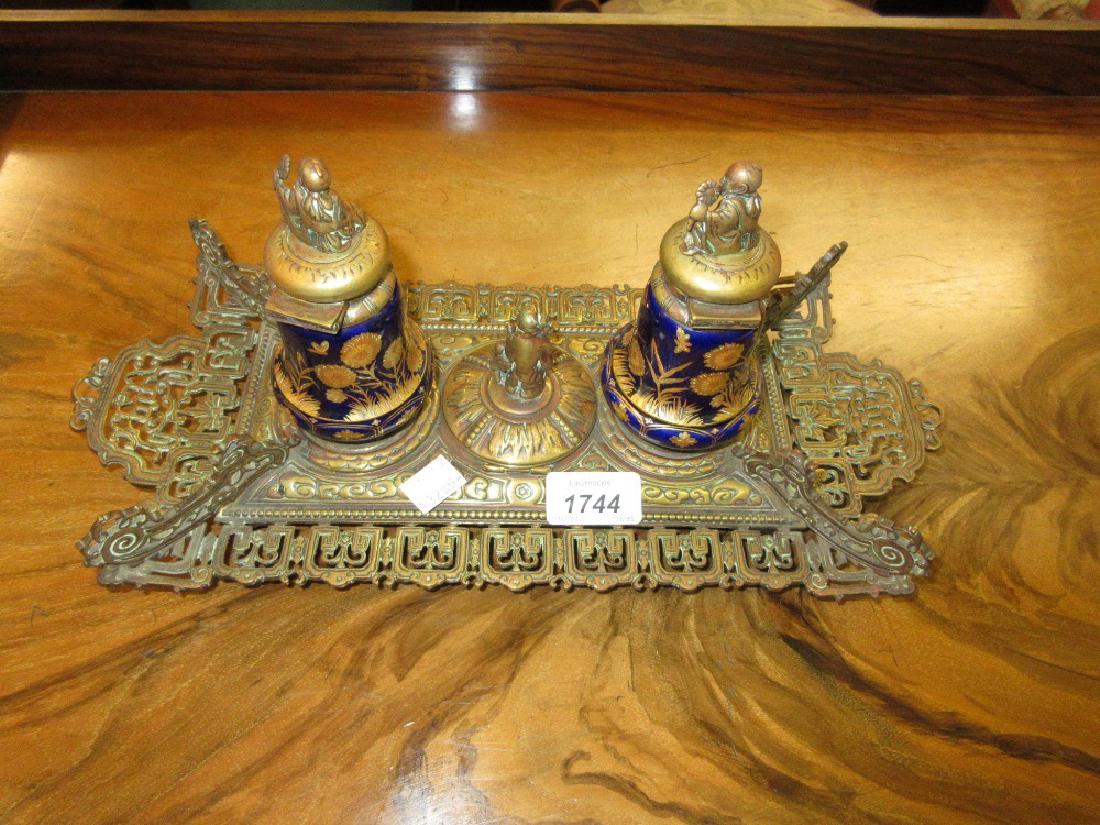 19th Century French gilt bronze and porcelain inkstand: 19th Century French gilt bronze and porcelain inkstand