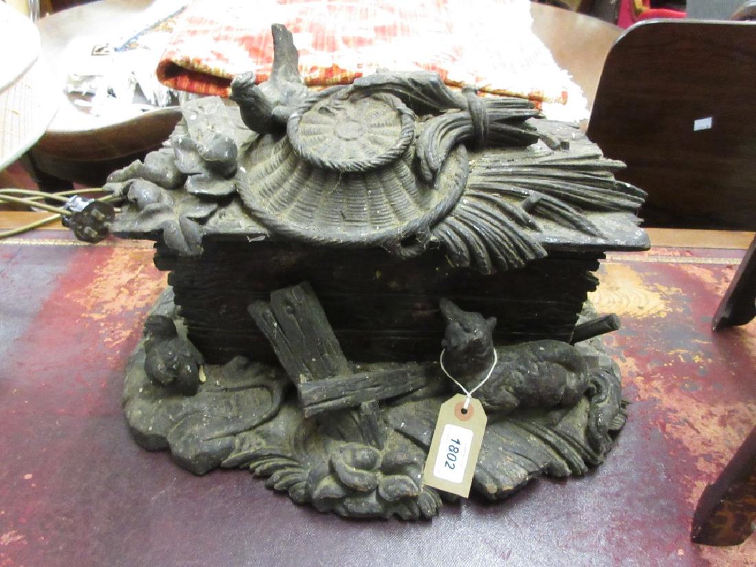 Large 19th Century Black Forest casket carved with: Large 19th Century Black Forest casket carved with various animals, labelled to the inside cover and base ' Sesti Interlaken ' (for restoration)