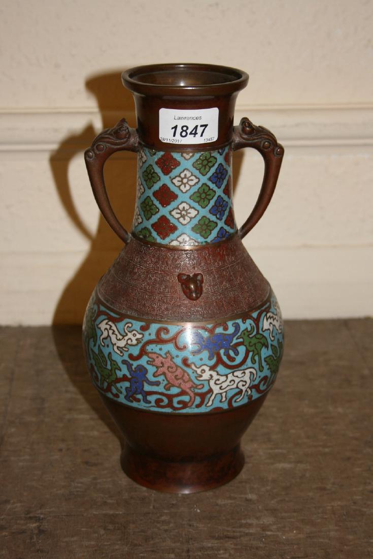 Chinese cloisonné two handed patinated bronze vase with (1 of 1)