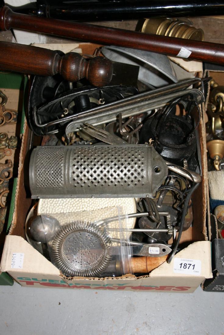 Box containing a quantity of miscellaneous metal: Box containing a quantity of miscellaneous metal kitchenalia and sundries including graters etc