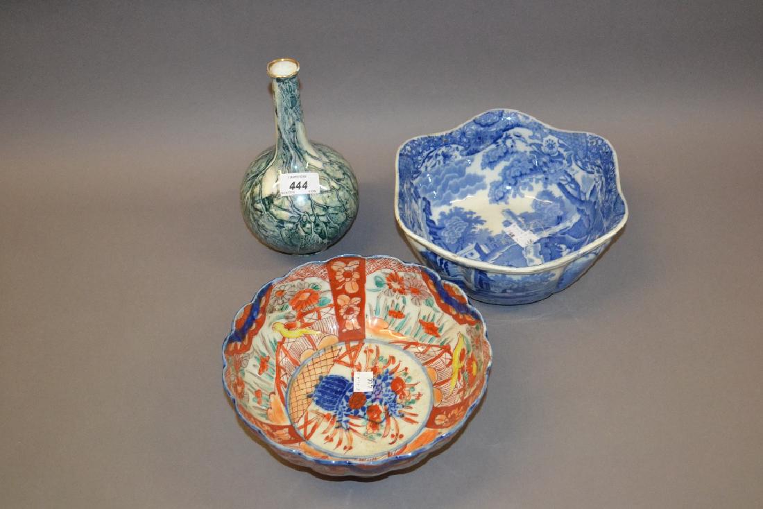 Imari bowl, Spode blue and white bowl and a Tuscan: Imari bowl, Spode blue and white bowl and a Tuscan bottle vase