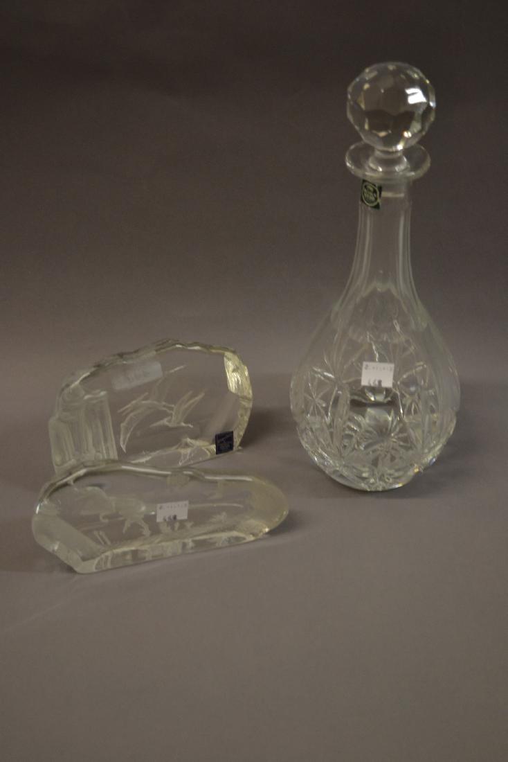 Thomas Webb cut glass decanter with stopper in original: Thomas Webb cut glass decanter with stopper in original box, together with two Dartington crystal paperweights intaglio decorated with prehistoric animals with original boxes