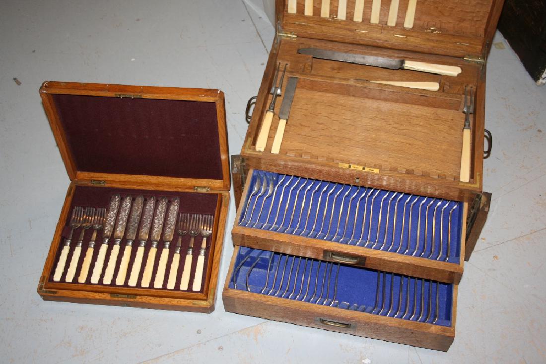 Oak cased part canteen of silver plated cutlery: Oak cased part canteen of silver plated cutlery together with an oak cased set of twelve silver plated fish knives and forks