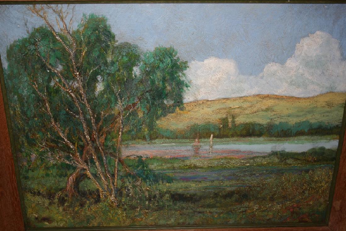 Barbizon school, oil on board, view across a river with (1 of 1)