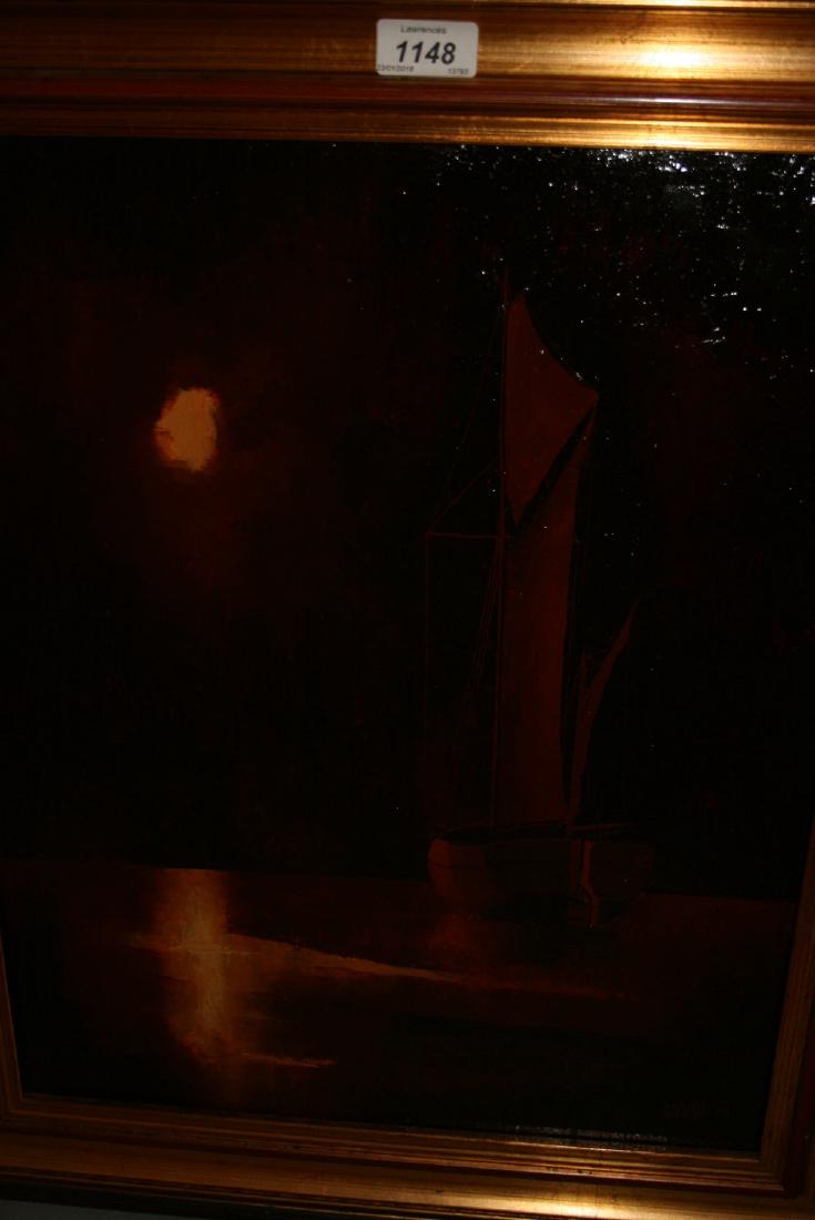 Modern oil on board, moored boat in a sunset, signed (1 of 1)