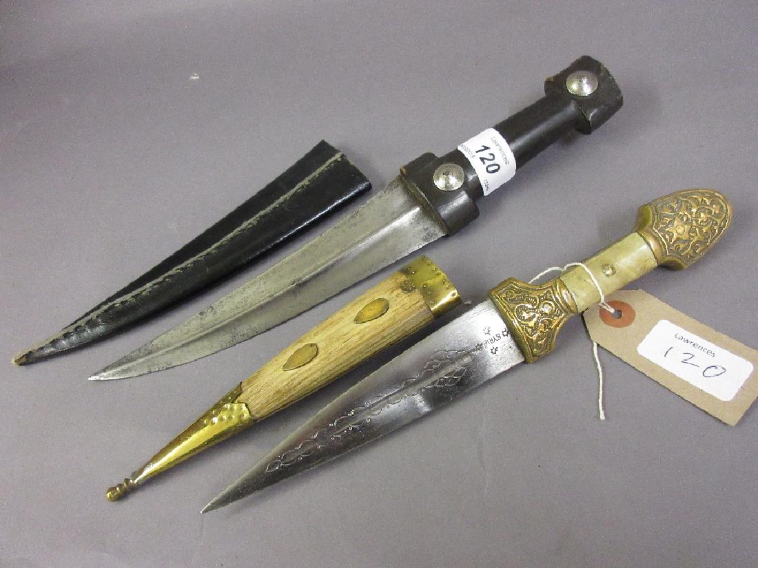 Dagger with horn handle with leather sheath and a brass (1 of 1)