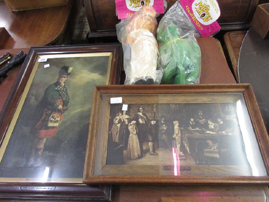 White Label Whisky advertising picture of a Scotsman,: White Label Whisky advertising picture of a Scotsman, an oak framed print together with two Muppet Show puppets of Miss Piggy and Kermit
