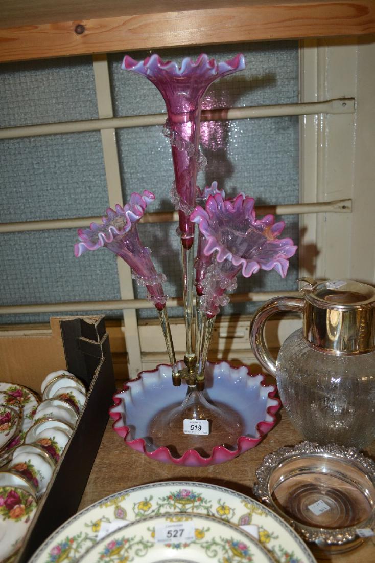 Victorian pink and Vaseline glass four stem epergne: Victorian pink and Vaseline glass four stem epergne (damages)