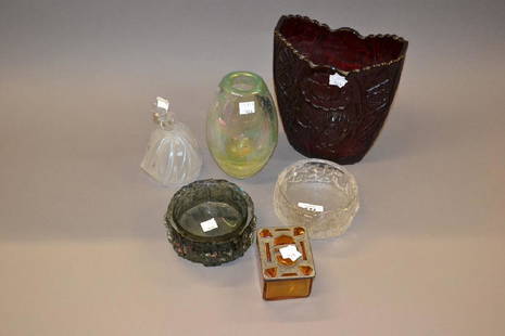 Two Whitefriars glass dishes and an amber glass casket: Two Whitefriars glass dishes and an amber glass casket together with a red pressed glass vase, an Art Glass vase and an Art Deco glass figure