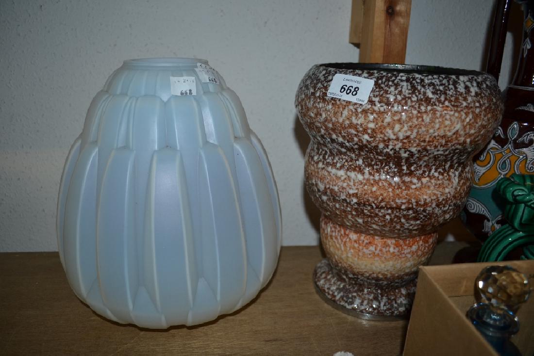 Glazed pottery vase of tapering bulbous form with: Glazed pottery vase of tapering bulbous form with silver plated metal mounted foot and a French opaque glass vase by A. Hunebelle