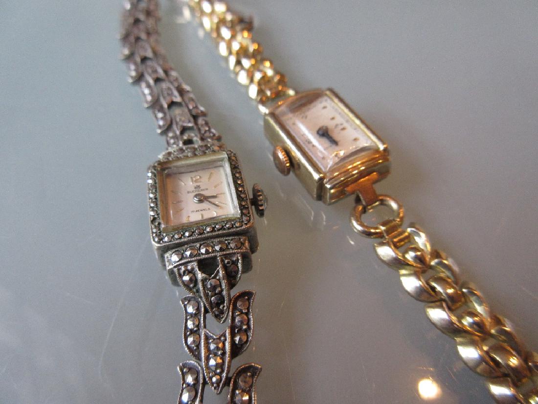 Ladies Derrick 9ct gold cased wristwatch with gold: Ladies Derrick 9ct gold cased wristwatch with gold plated strap, together with a Bucherer marcasite cocktail watch