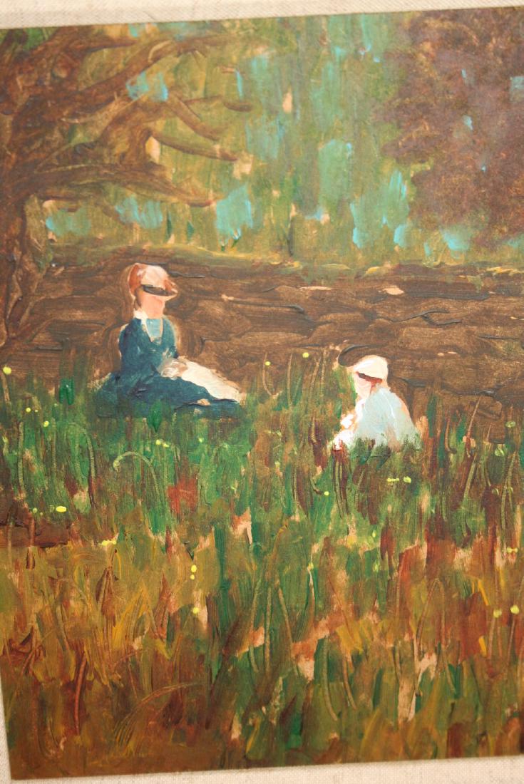 Modern British school oil on board, young lady and: Modern British school oil on board, young lady and child seated in a landscape, 9.5ins x 7.5ins