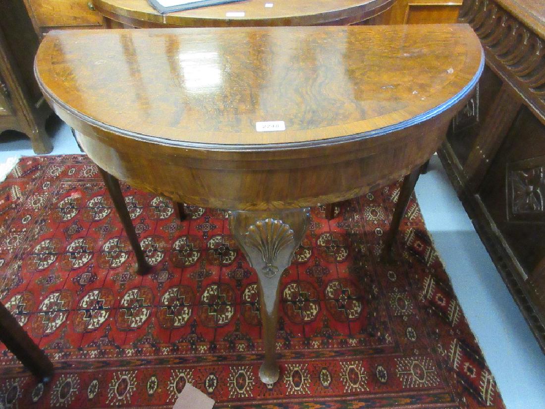 1930's Figured walnut half round fold-over card table: 1930's Figured walnut half round fold-over card table on cabriole supports