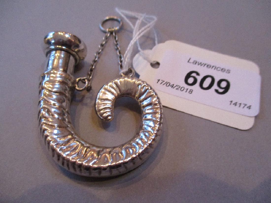 Unusual silver horn shaped scent bottle with attached (1 of 1)