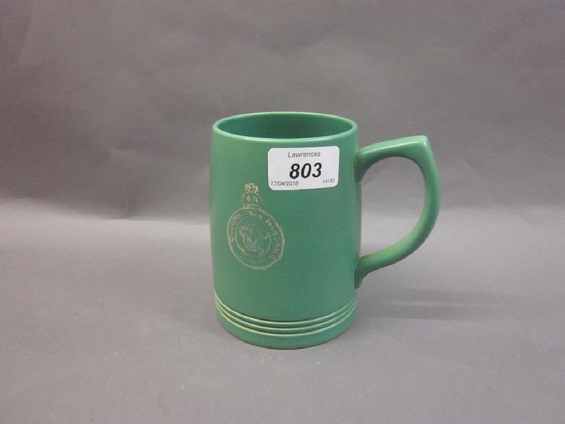 Keith Murray Wedgwood matt green tankard having Queens: Keith Murray Wedgwood matt green tankard having Queens Own Hussars motif