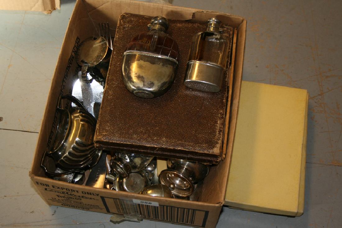 Two plated hip flasks and a quantity of other: Two plated hip flasks and a quantity of other miscellaneous plated cutlery and other items