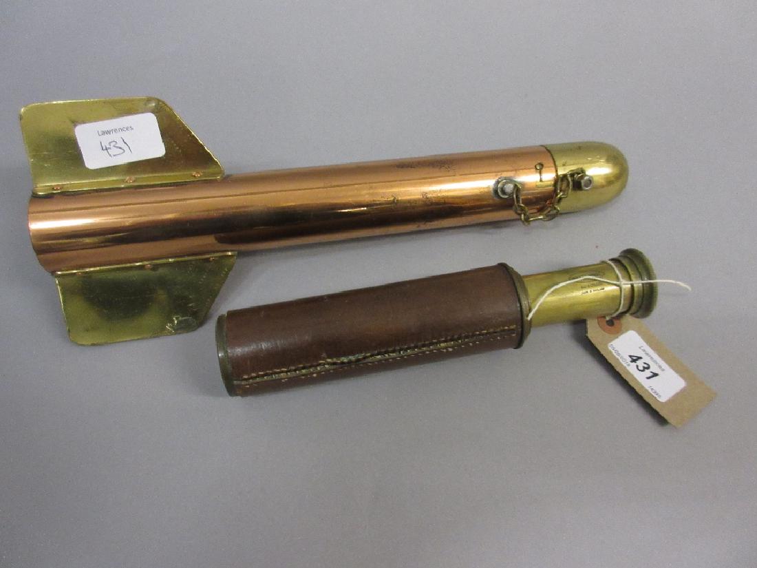 Small brass leather covered telescope marked Britannic,: Small brass leather covered telescope marked Britannic, together with a polished brass and copper plankton sampler