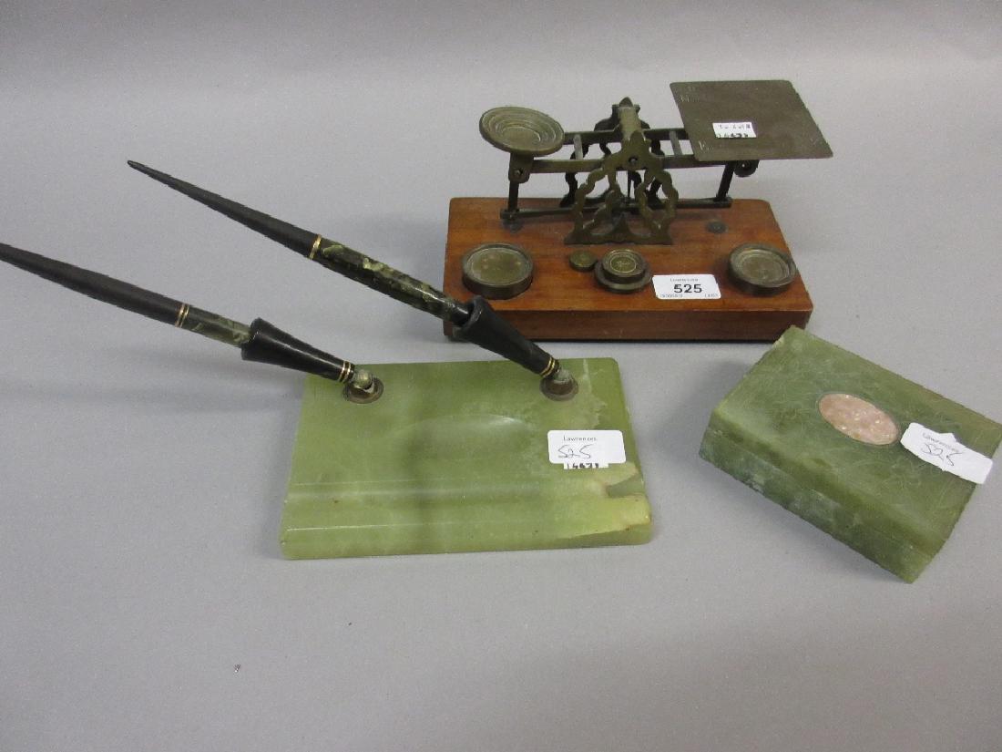 Pair of mahogany and brass postal scales, an onyx desk (1 of 1)