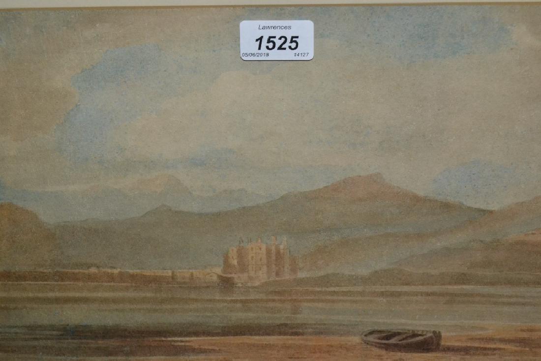 Attributed to John Varley, 19th Century watercolour,: Attributed to John Varley, 19th Century watercolour, Scottish lake scene with distant house, unsigned, J.S. Maas & Company label verso, 8.5ins x 17ins, gilt framed