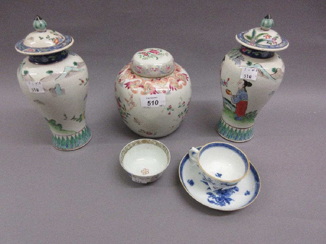 Famille rose ginger jar, pair of baluster form vases (1 of 1)