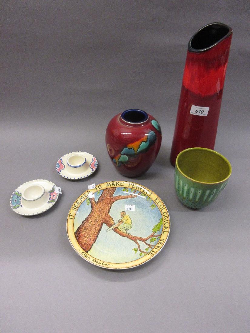 Large Poole lava vase by Alan White, together with: Large Poole lava vase by Alan White, together with three other pieces of Poole pottery and two Honiton egg cups