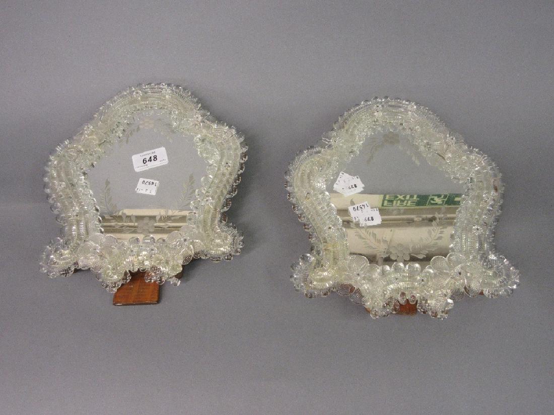 Pair of mid 20th Century Venetian etched glass table: Pair of mid 20th Century Venetian etched glass table mirrors