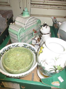 Two Portmeirion pottery items, a Molly Hatch, pottery: Two Portmeirion pottery items, a Molly Hatch, pottery bird cage, three pottery figures of cats and a Lladro porcelain figure of a donkey