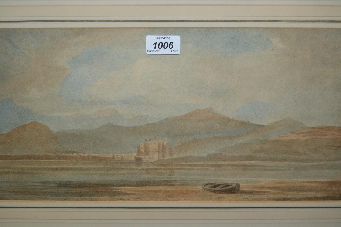 Attributed to John Varley, 19th Century watercolour,: Attributed to John Varley, 19th Century watercolour, Scottish lake scene with distant house, unsigned, J.S. Maas & Company label verso, 8.5ins x 17ins, gilt framed