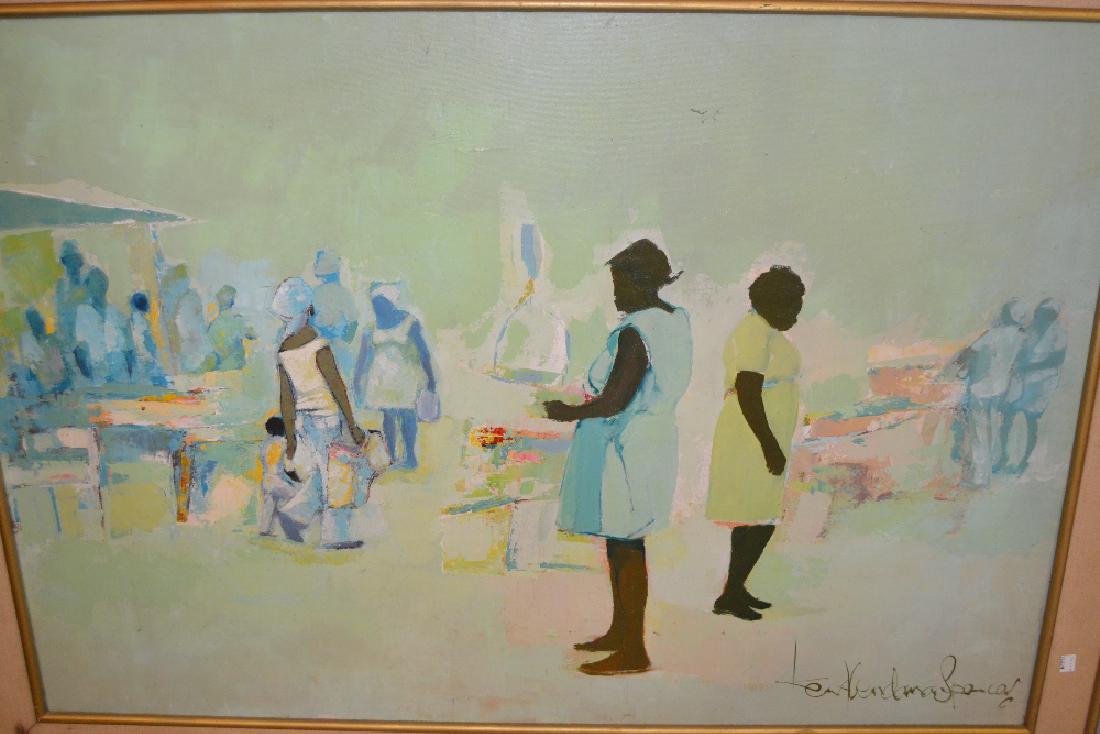Kenneth Abendana Spencer, oil on canvas, figures at a: Kenneth Abendana Spencer, oil on canvas, figures at a Jamaican market, signed, 30ins x 44ins