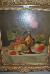 Follower of Edward Ladell, oil on canvas, still life: Follower of Edward Ladell, oil on canvas, still life with fruit and flowers, 18.5ins x 16ins