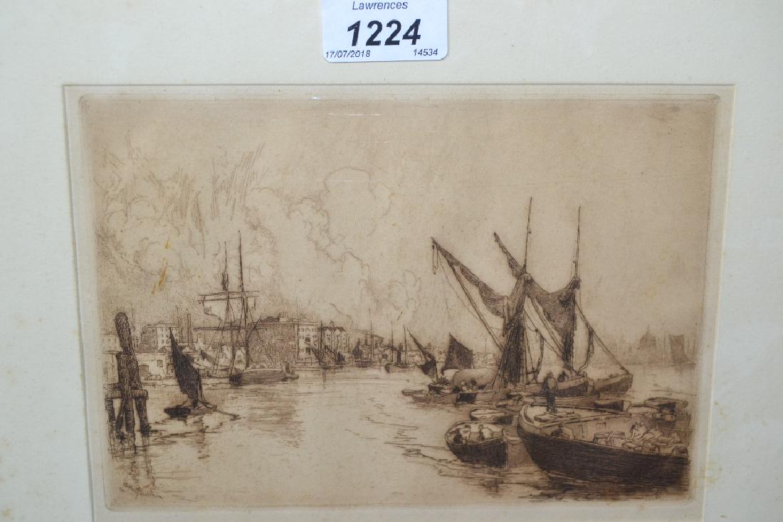 Stephen Parrish etching, harbour scene, together with: Stephen Parrish etching, harbour scene, together with two signed etchings and an engraving, Royal Palace, Windsor
